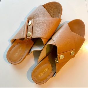 Calvin Klein Camel Leather Slides